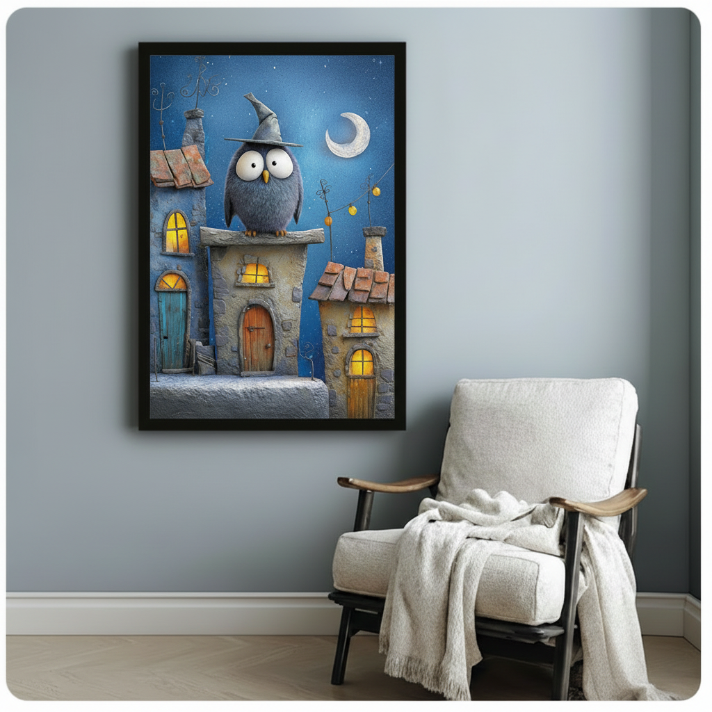 Wizard Owl Night Village Oil Canvas Wall Art
