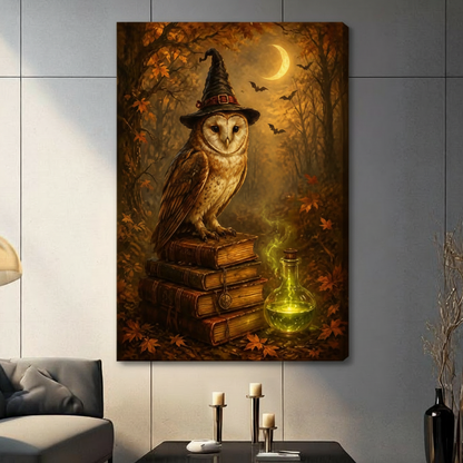 Witch Owl Autumn Moon Canvas Art Wall Art