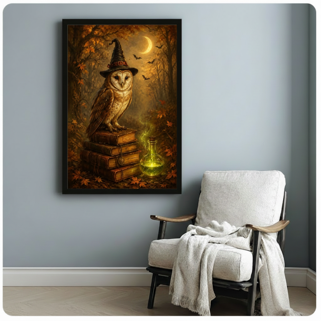 Witch Owl Autumn Moon Canvas Art Wall Art