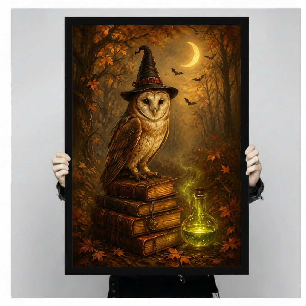Witch Owl Autumn Moon Canvas Art Wall Art