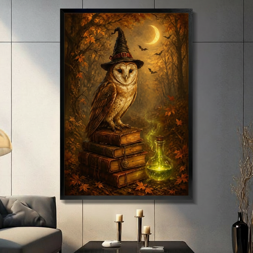 Witch Owl Autumn Moon Canvas Art Wall Art