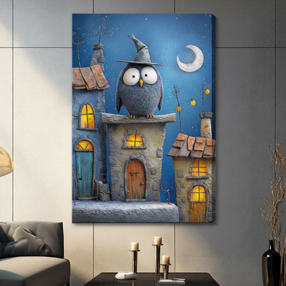Wizard Owl Night Village Oil Canvas Wall Art
