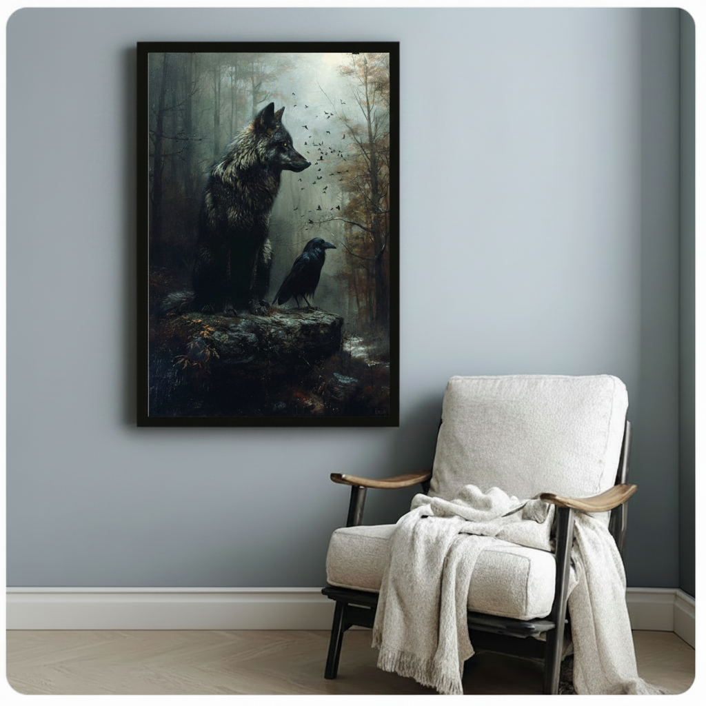 Gothic Wolf and Raven Dark Forest Oil Painting Canvas Wall Art