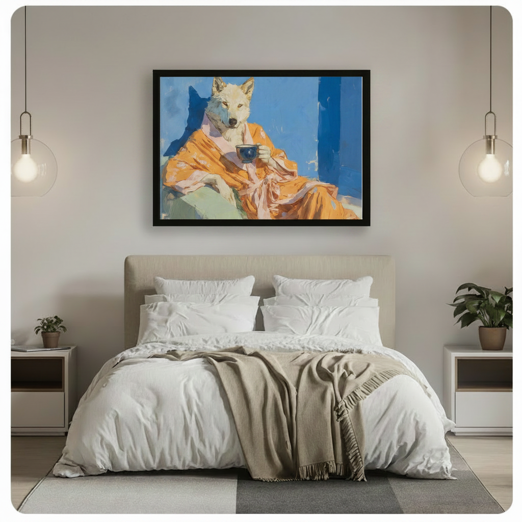 Elegant Wolf Coffee Oil Painting Canvas Wall Art