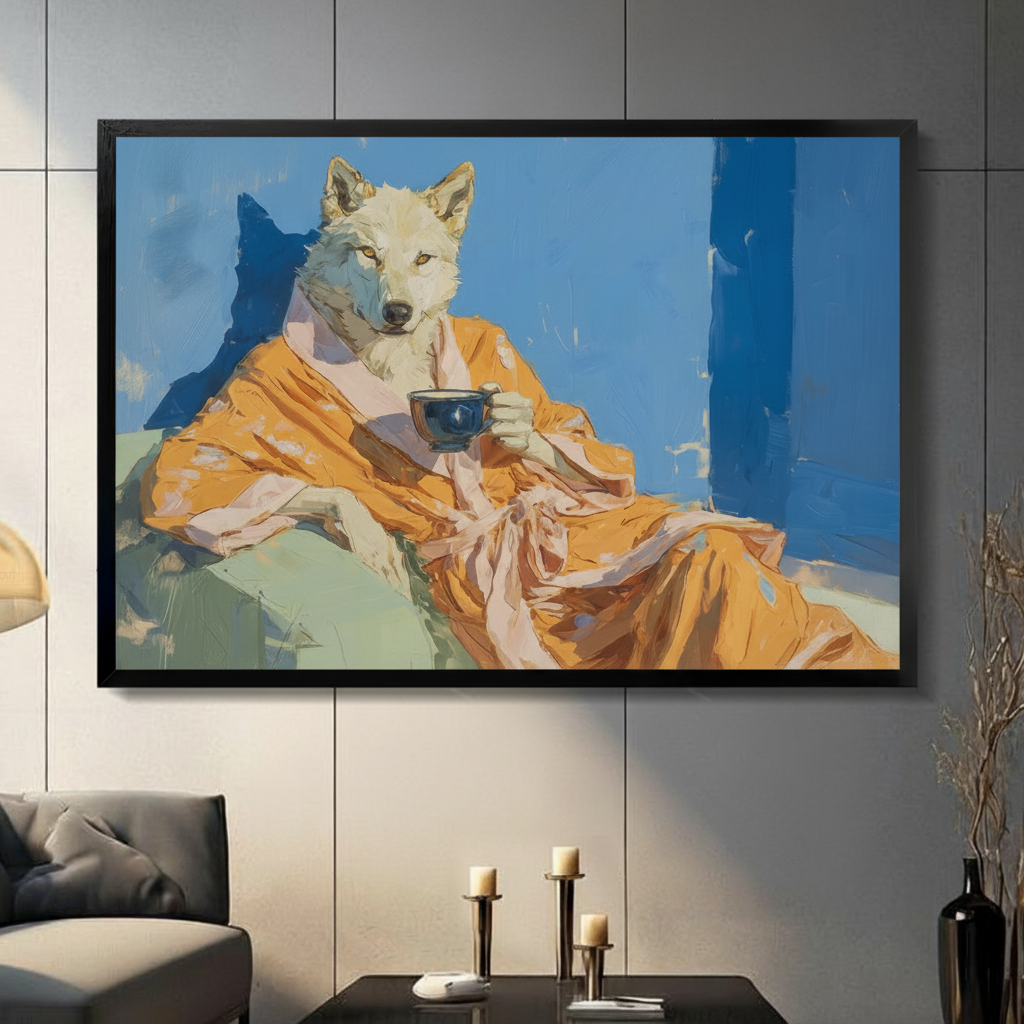 Elegant Wolf Coffee Oil Painting Canvas Wall Art