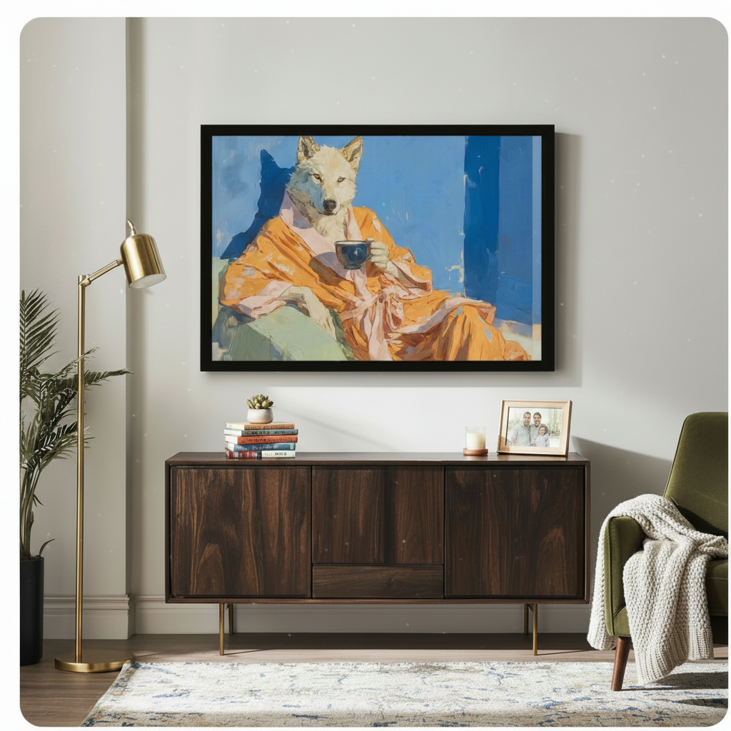 Elegant Wolf Coffee Oil Painting Canvas Wall Art