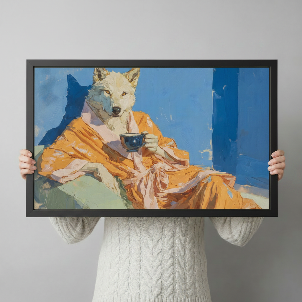 Elegant Wolf Coffee Oil Painting Canvas Wall Art