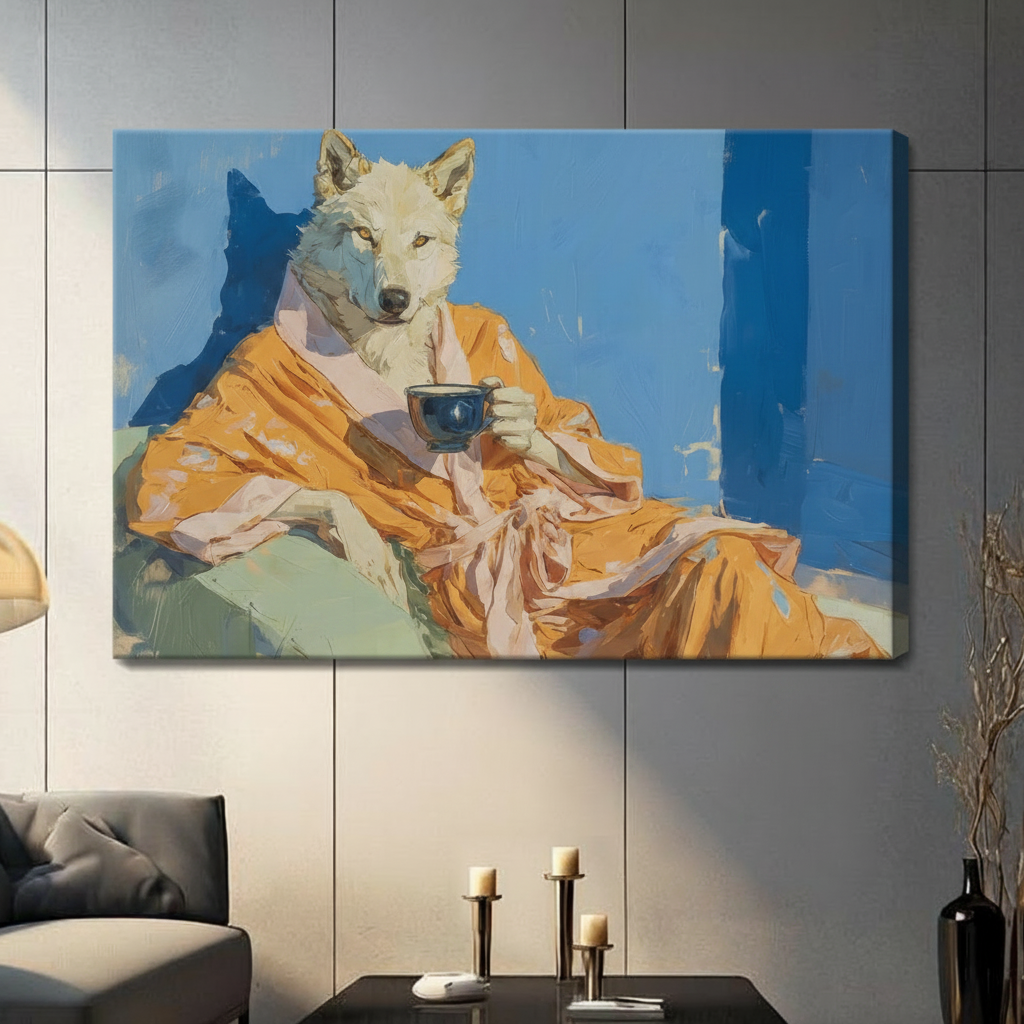 Elegant Wolf Coffee Oil Painting Canvas Wall Art