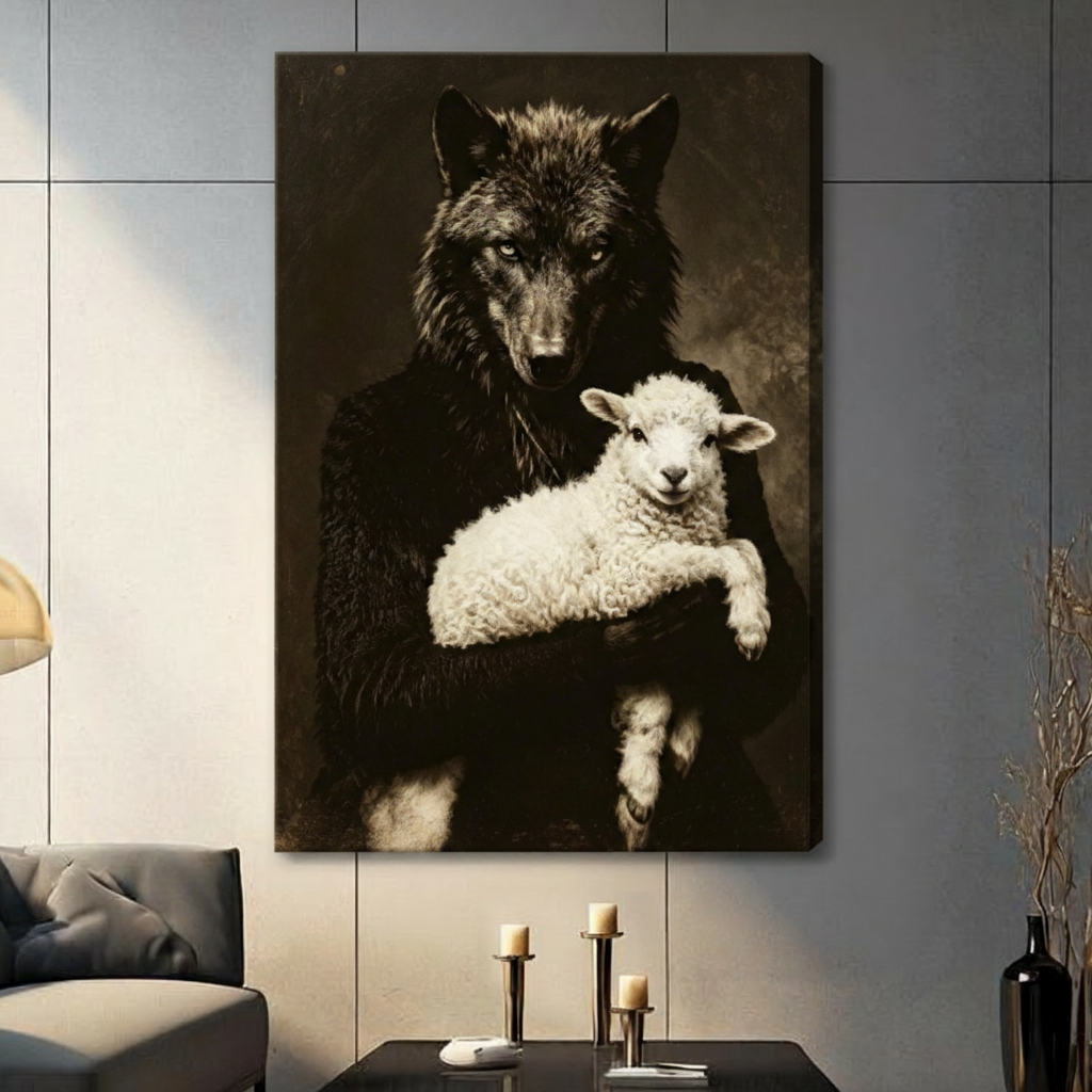 Wolf and Lamb Dark Portrait Canvas Art Wall Art