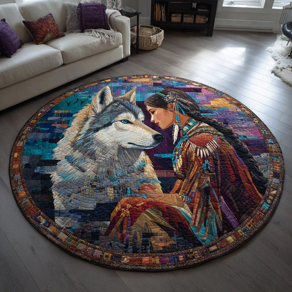 Wolf Native Woman Quilted Round Mat