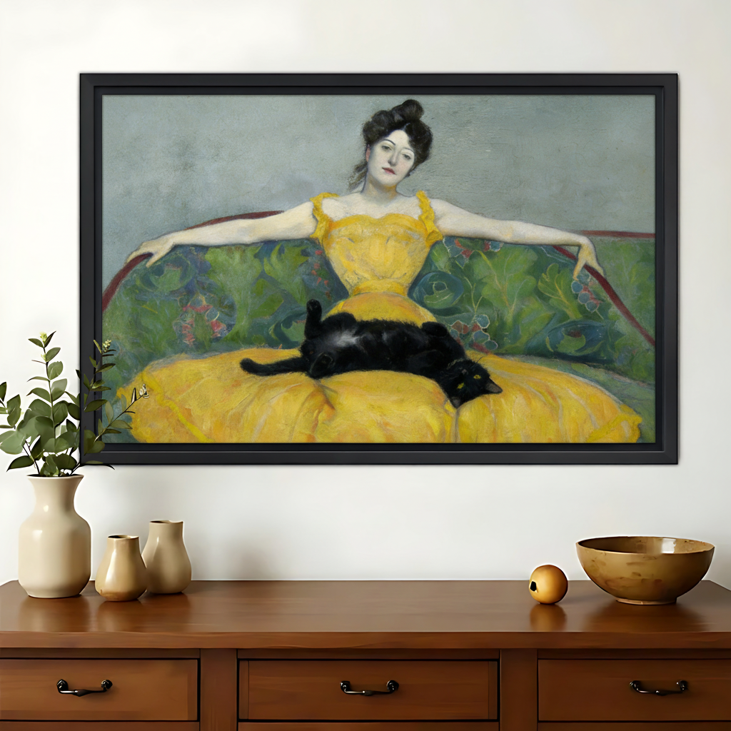 Woman in Yellow Dress with Black Cat Canvas Art