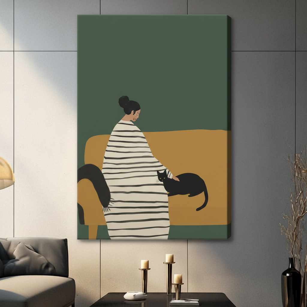 Woman & Black Cat Framed Canvas Art Wall Art