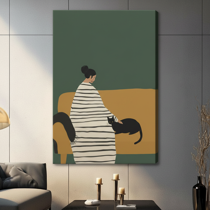 Woman & Black Cat Framed Canvas Art Wall Art