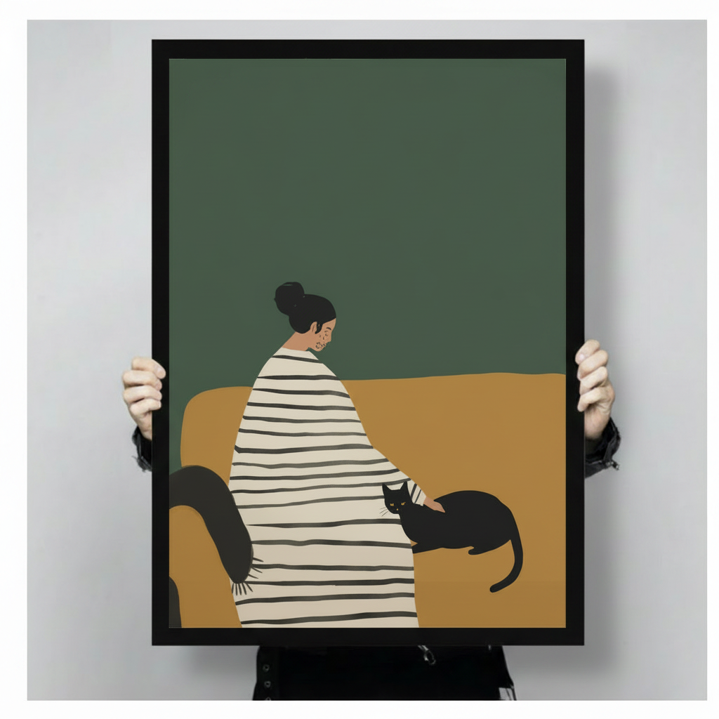 Woman & Black Cat Framed Canvas Art Wall Art