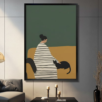 Woman & Black Cat Framed Canvas Art Wall Art