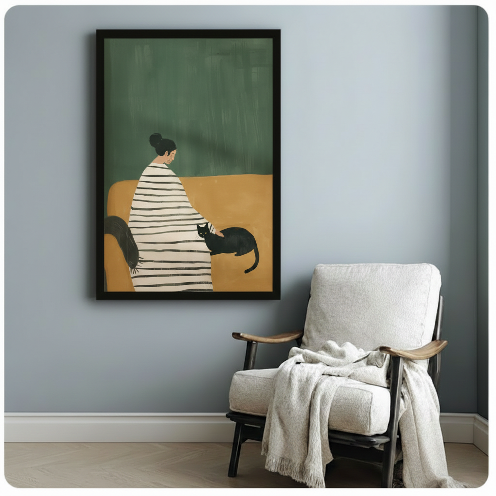 Woman & Black Cat Framed Canvas Art Wall Art