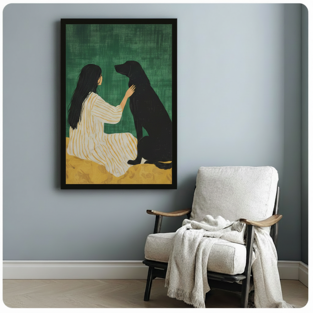 Girl and Black Dog Green Canvas Art Wall Art