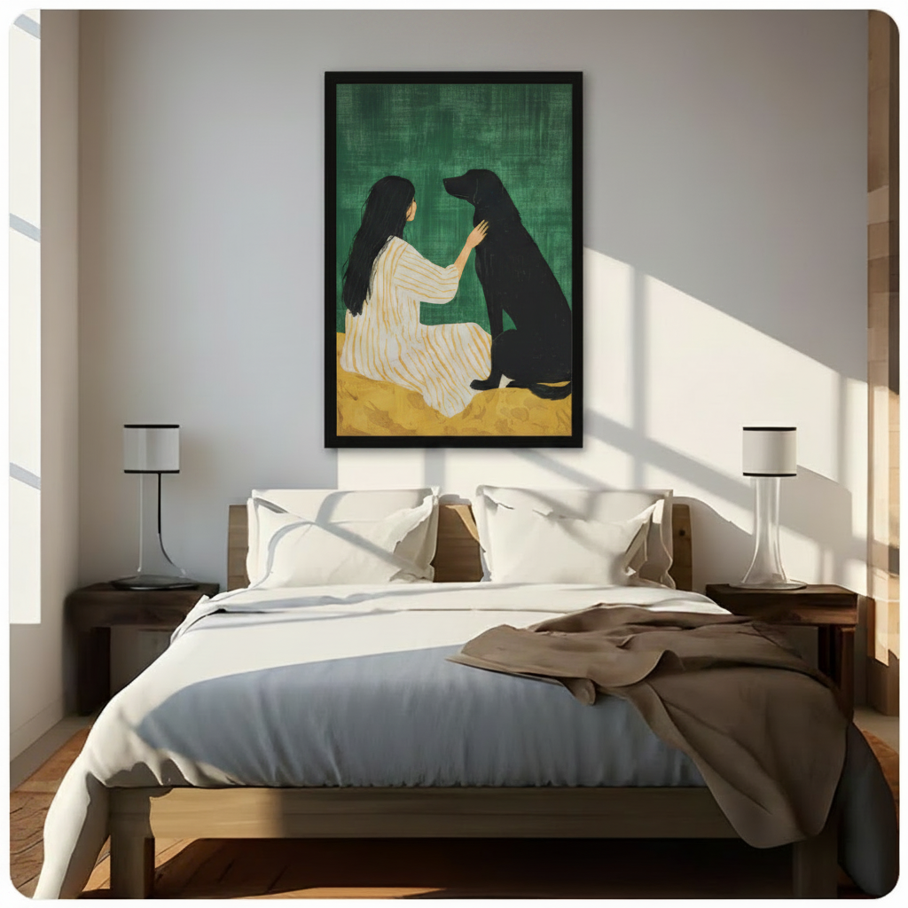 Girl and Black Dog Green Canvas Art Wall Art