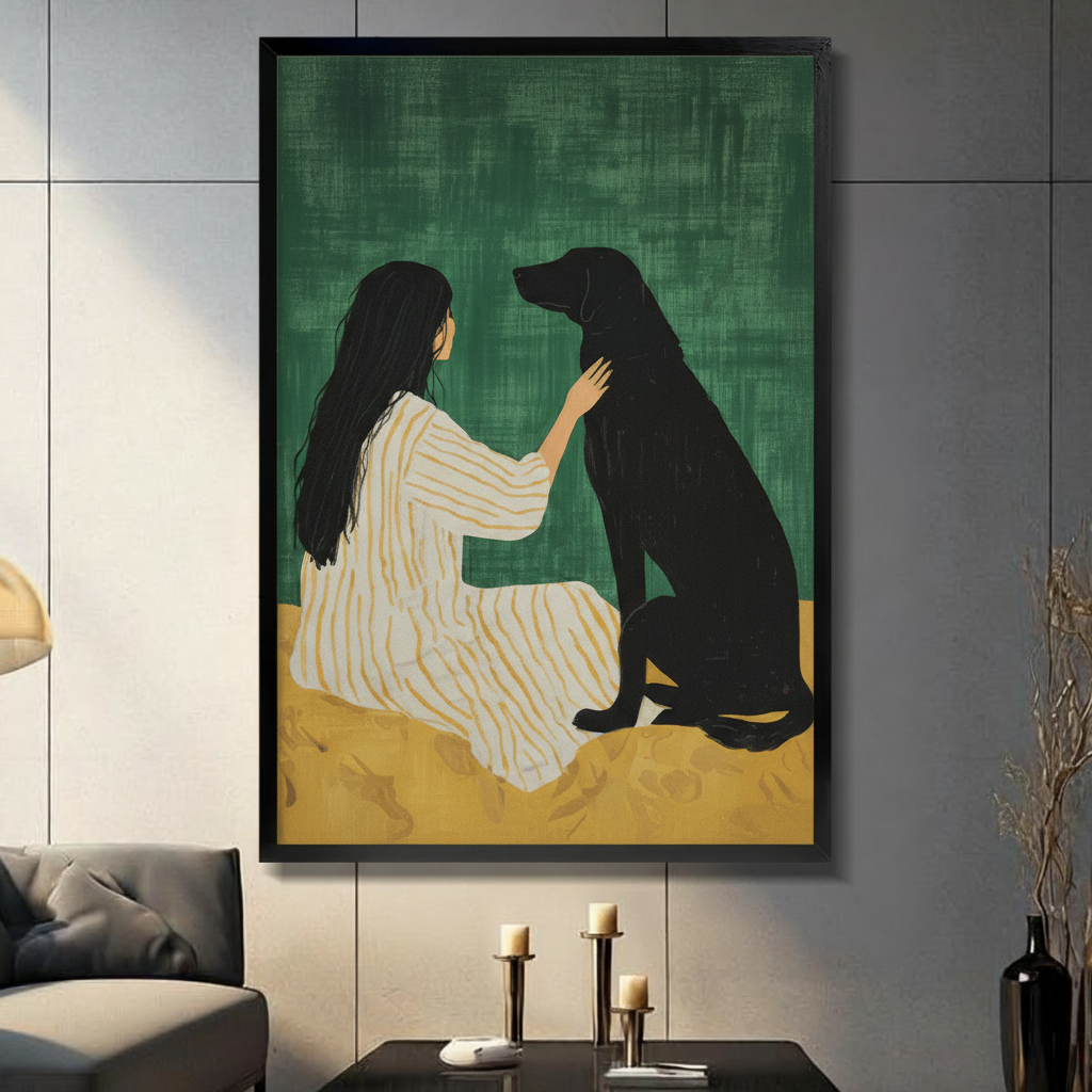 Girl and Black Dog Green Canvas Art Wall Art
