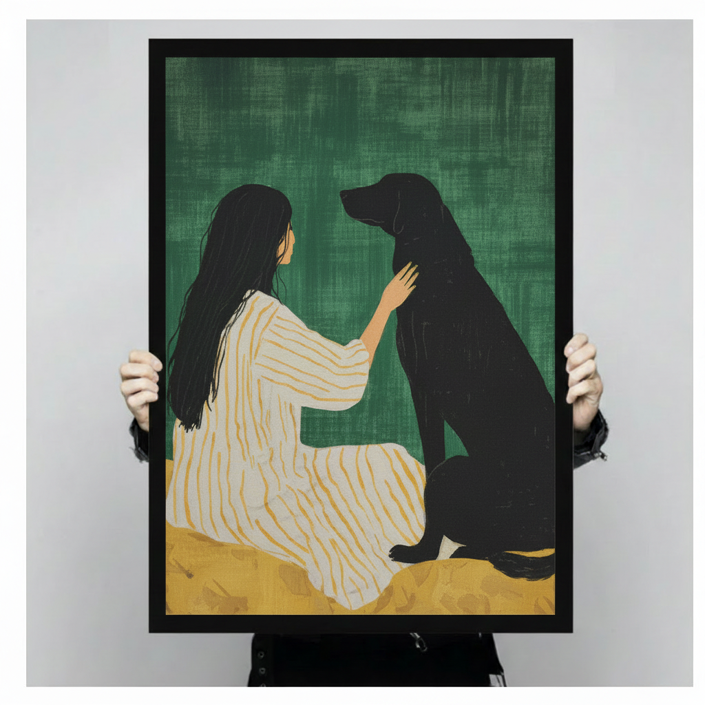 Girl and Black Dog Green Canvas Art Wall Art
