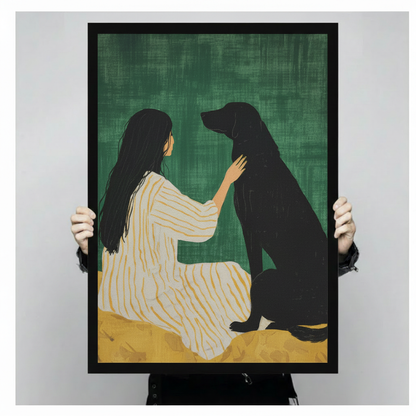 Girl and Black Dog Green Canvas Art Wall Art