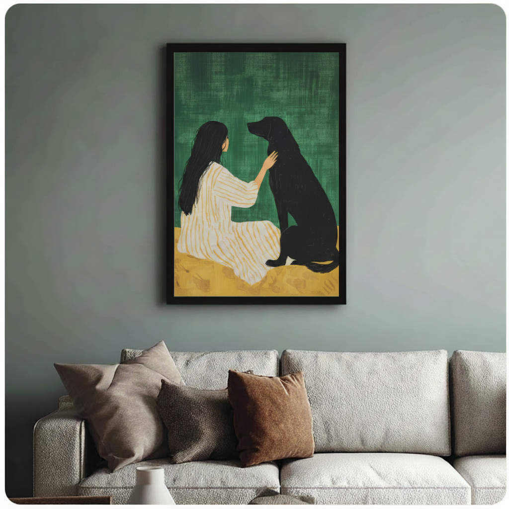 Girl and Black Dog Green Canvas Art Wall Art