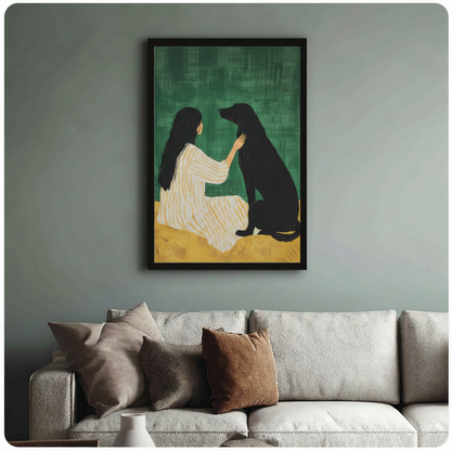 Girl and Black Dog Green Canvas Art Wall Art