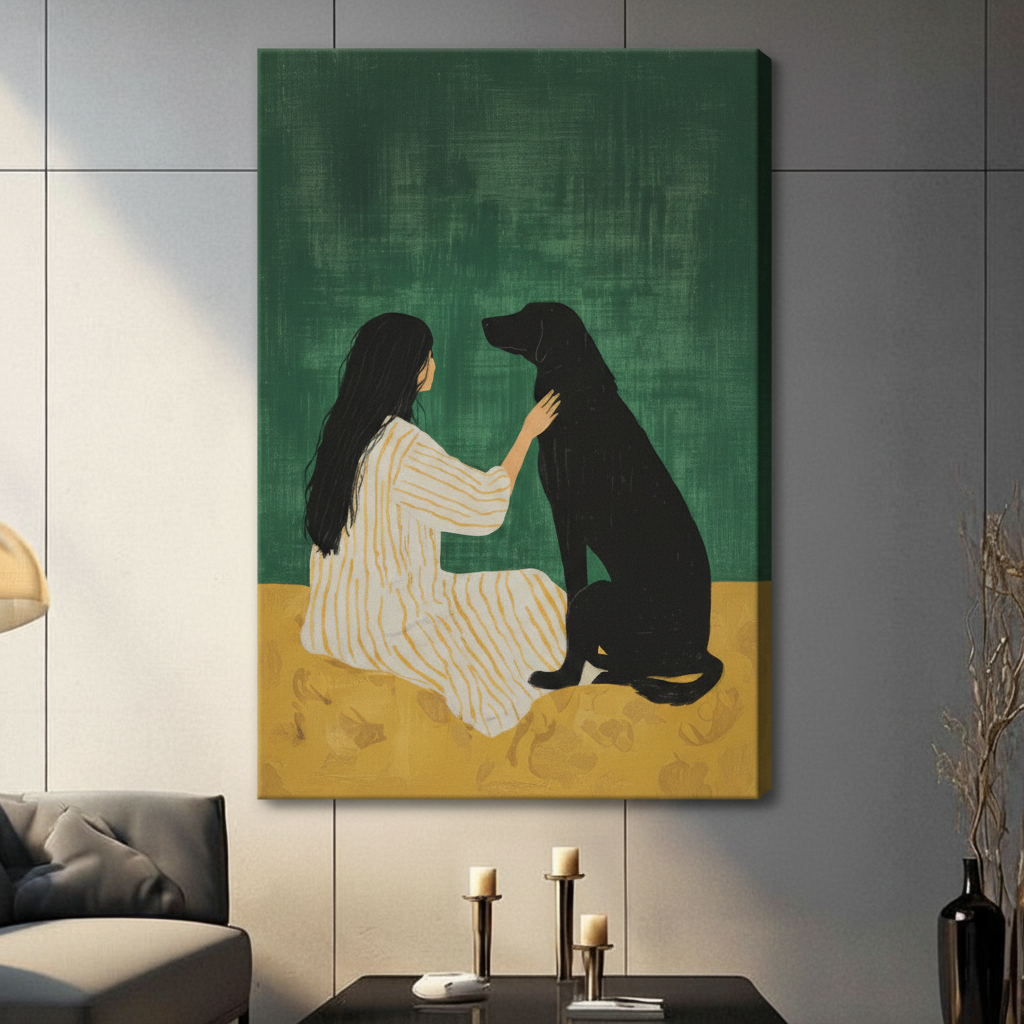 Girl and Black Dog Green Canvas Art Wall Art