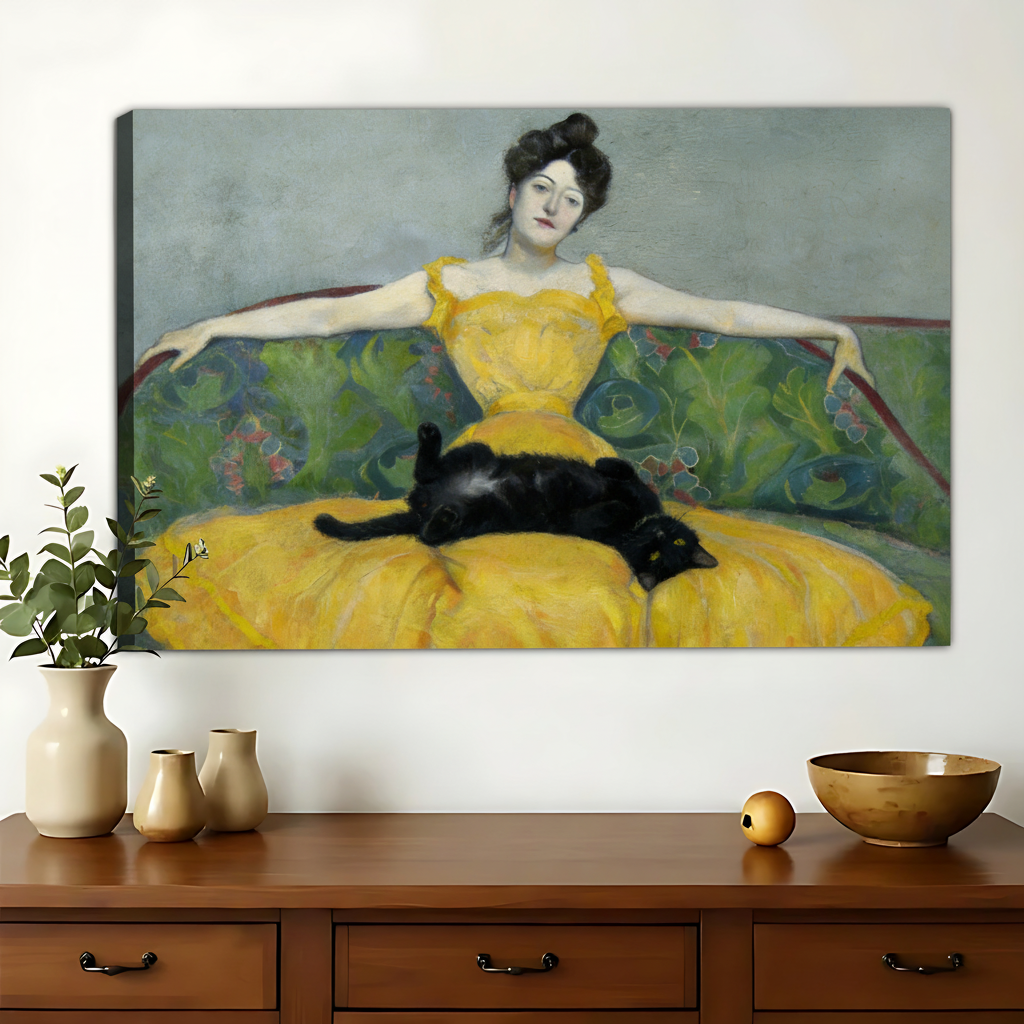 Woman in Yellow Dress with Black Cat Canvas Art
