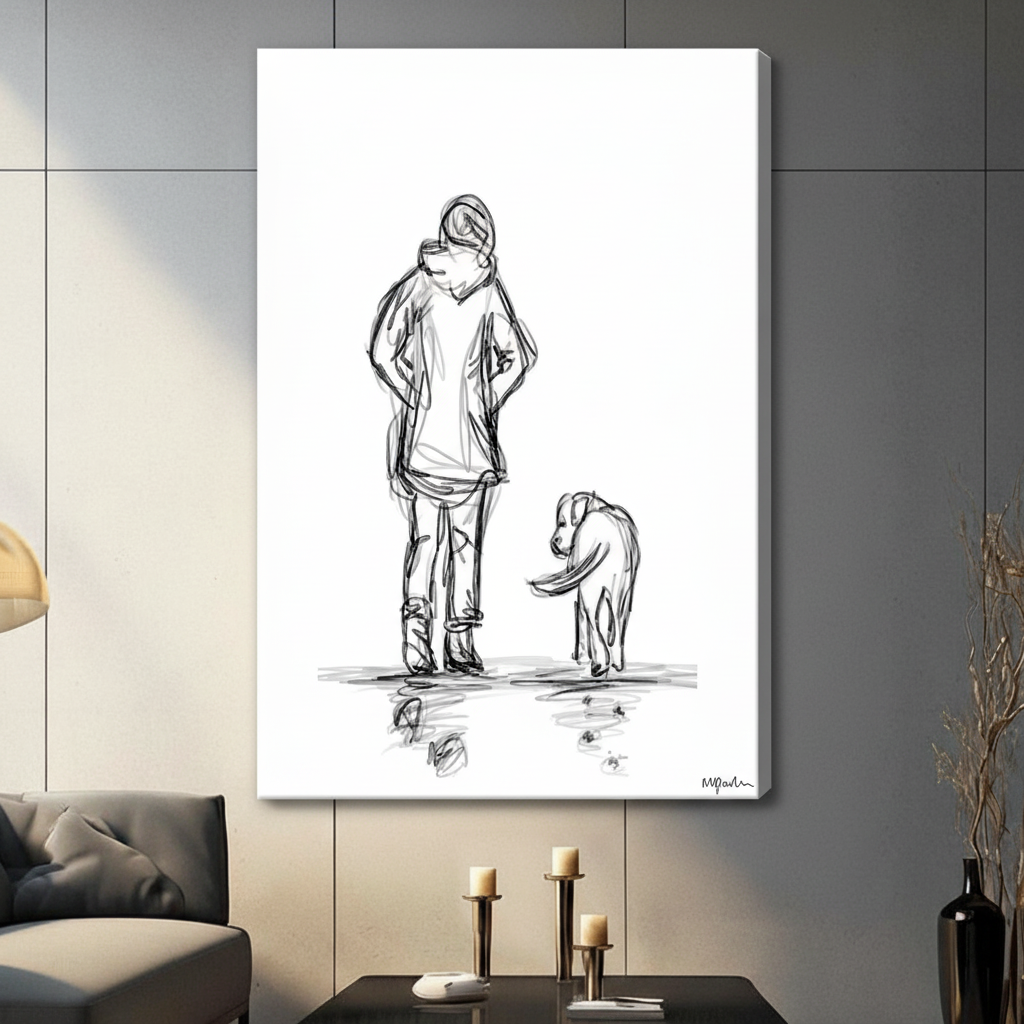 Minimalist Sketch Person Dog Canvas Wall Art