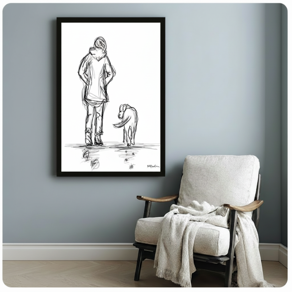Minimalist Sketch Person Dog Canvas Wall Art