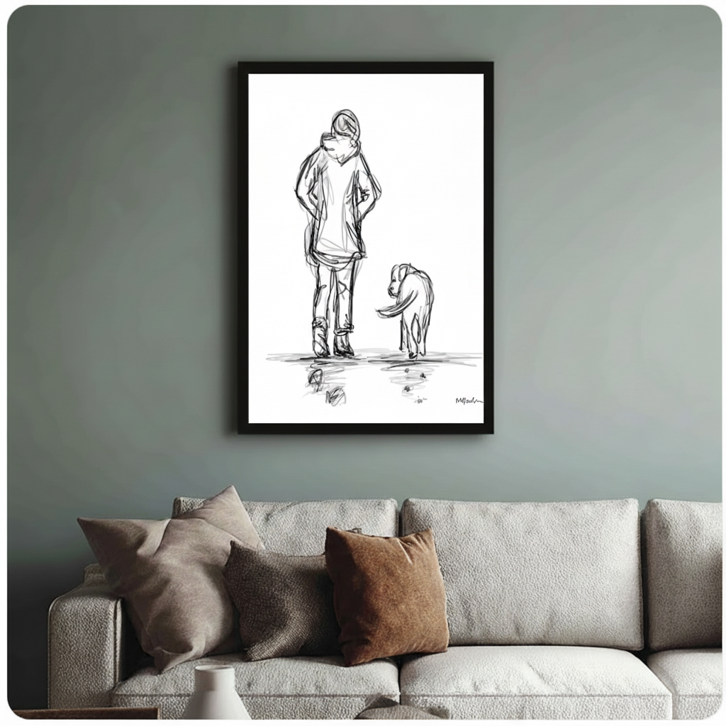 Minimalist Sketch Person Dog Canvas Wall Art