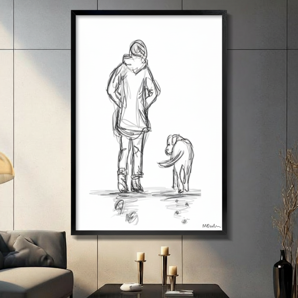 Minimalist Sketch Person Dog Canvas Wall Art
