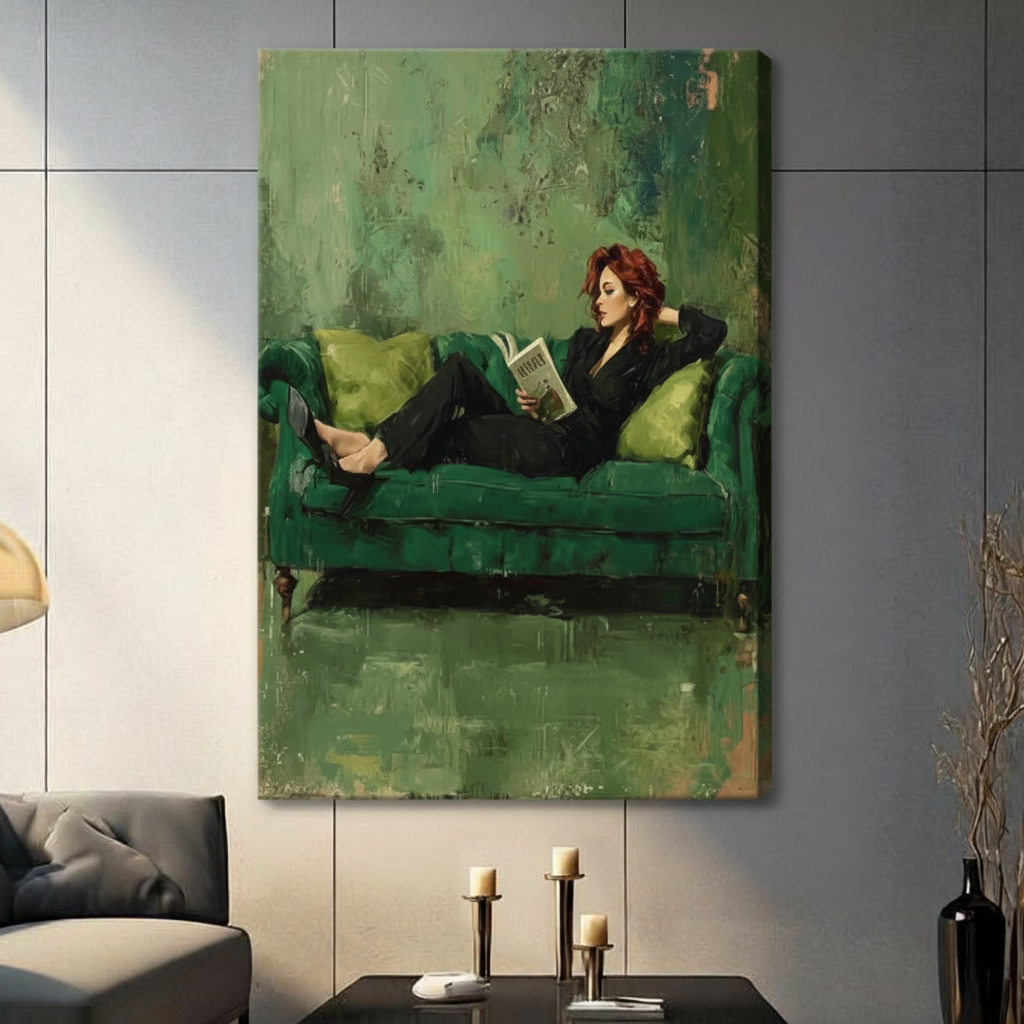 Emerald Reverie Red-Haired Woman Reading Canvas Art