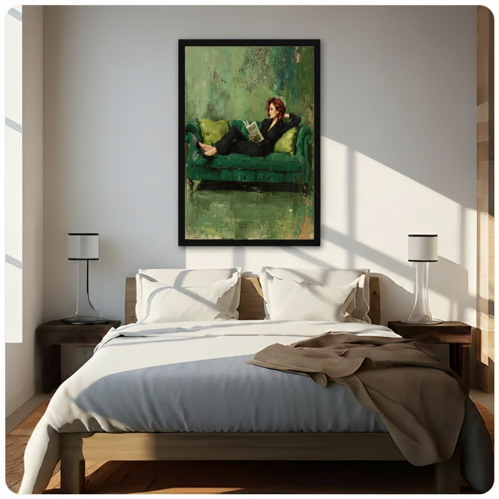 Emerald Reverie Red-Haired Woman Reading Canvas Art