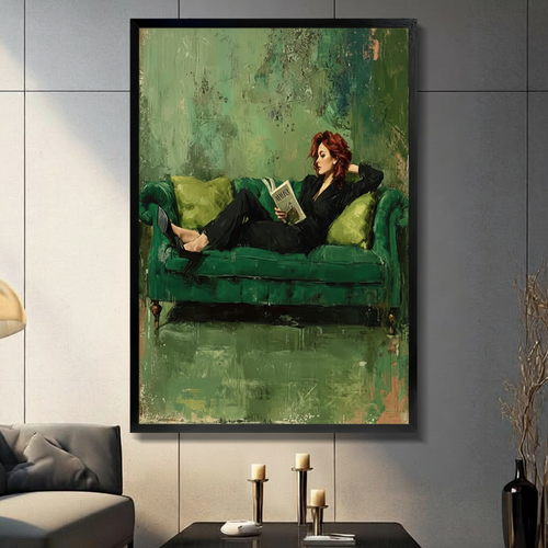 Emerald Reverie Red-Haired Woman Reading Canvas Art