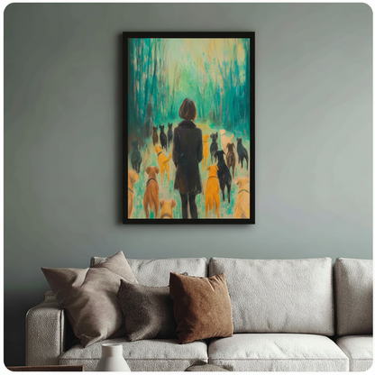 Woman and Dogs Forest Impressionist Oil Painting Canvas