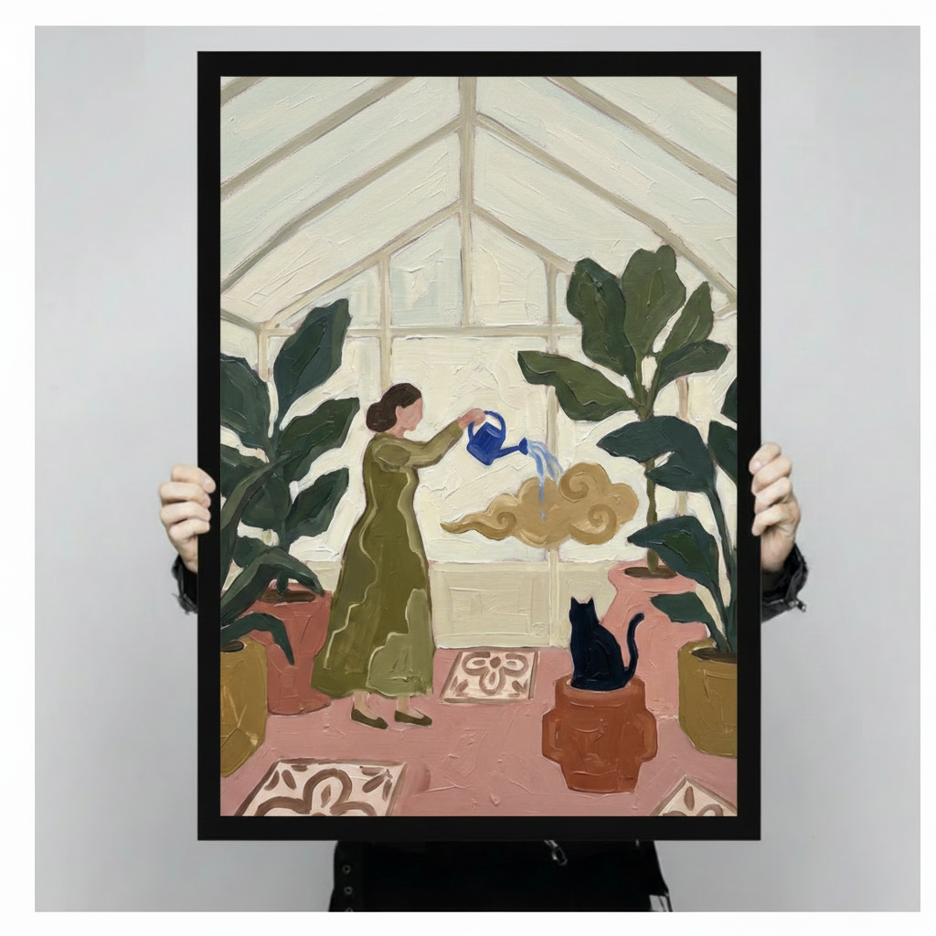 Greenhouse Woman Cat Botanical Expressionist Canvas Print