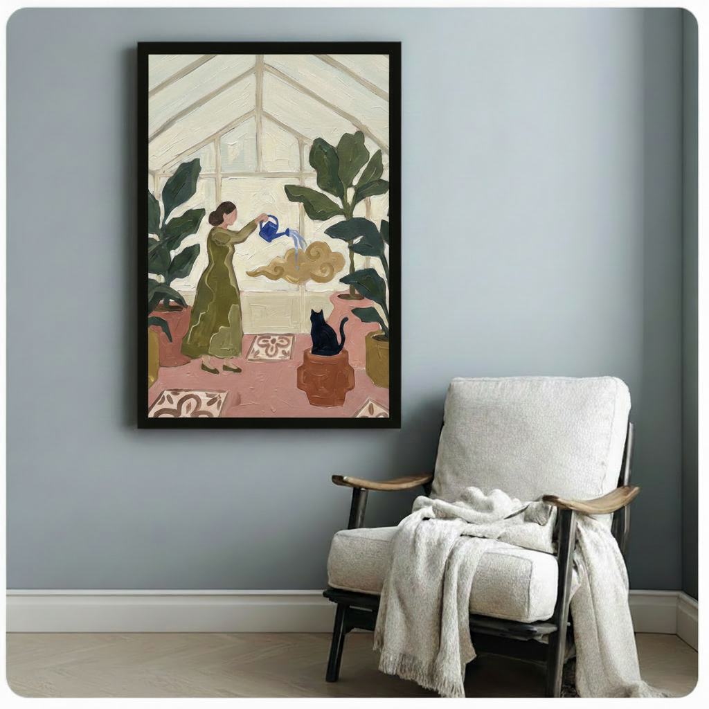 Greenhouse Woman Cat Botanical Expressionist Canvas Print