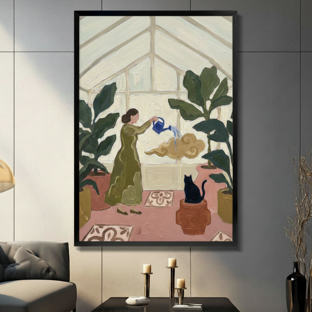 Greenhouse Woman Cat Botanical Expressionist Canvas Print