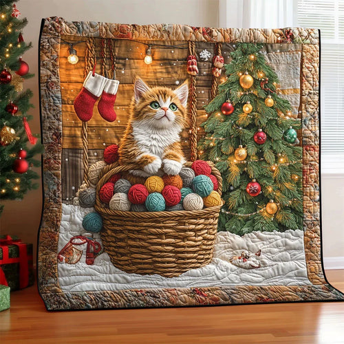 Xmas Cat The Ball Of Yarn Quilt Blanket
