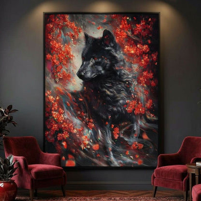 Black Wolf Rose Petal Storm Canvas Wall Art