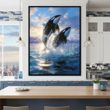 Breaching Orcas Dawn Ocean Dance Canvas Wall Art