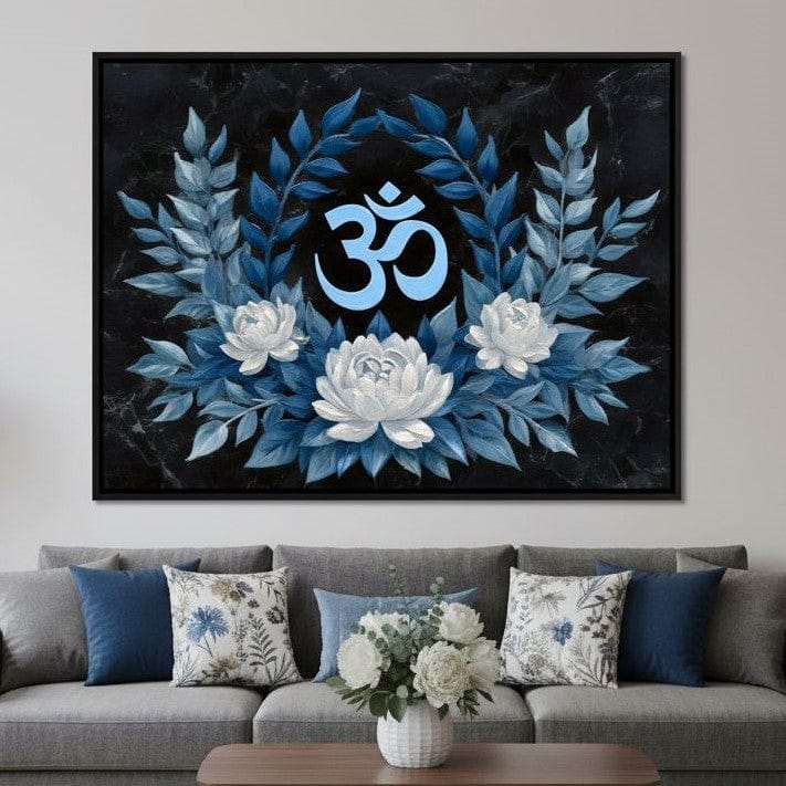 Om Symbol Blue Lotus Wreath Canvas Wall Art