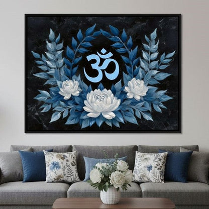 Om Symbol Blue Lotus Wreath Canvas Wall Art