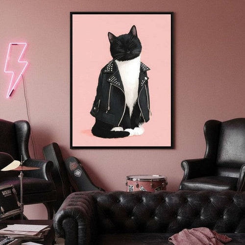 Biker Cat Attitude On Soft Pink Canvas Wall Art