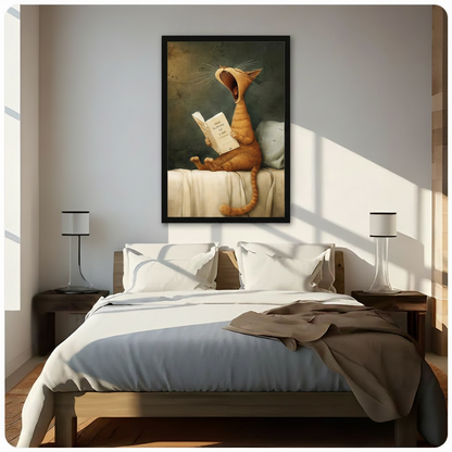 Yawning Cat Reading Book Canvas Wall Art