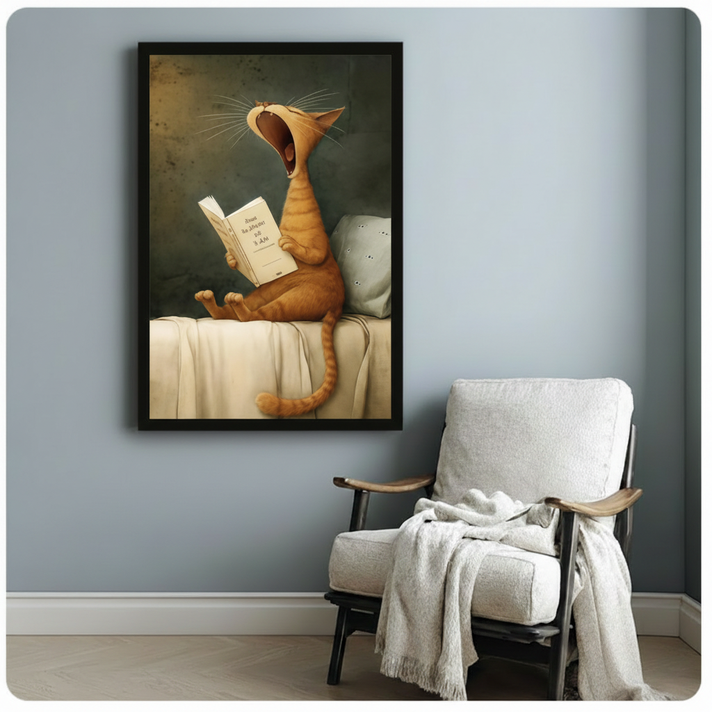 Yawning Cat Reading Book Canvas Wall Art