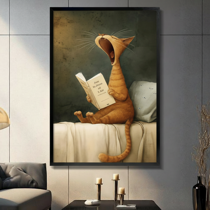 Yawning Cat Reading Book Canvas Wall Art