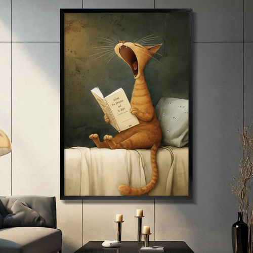 Yawning Cat Reading Book Canvas Wall Art